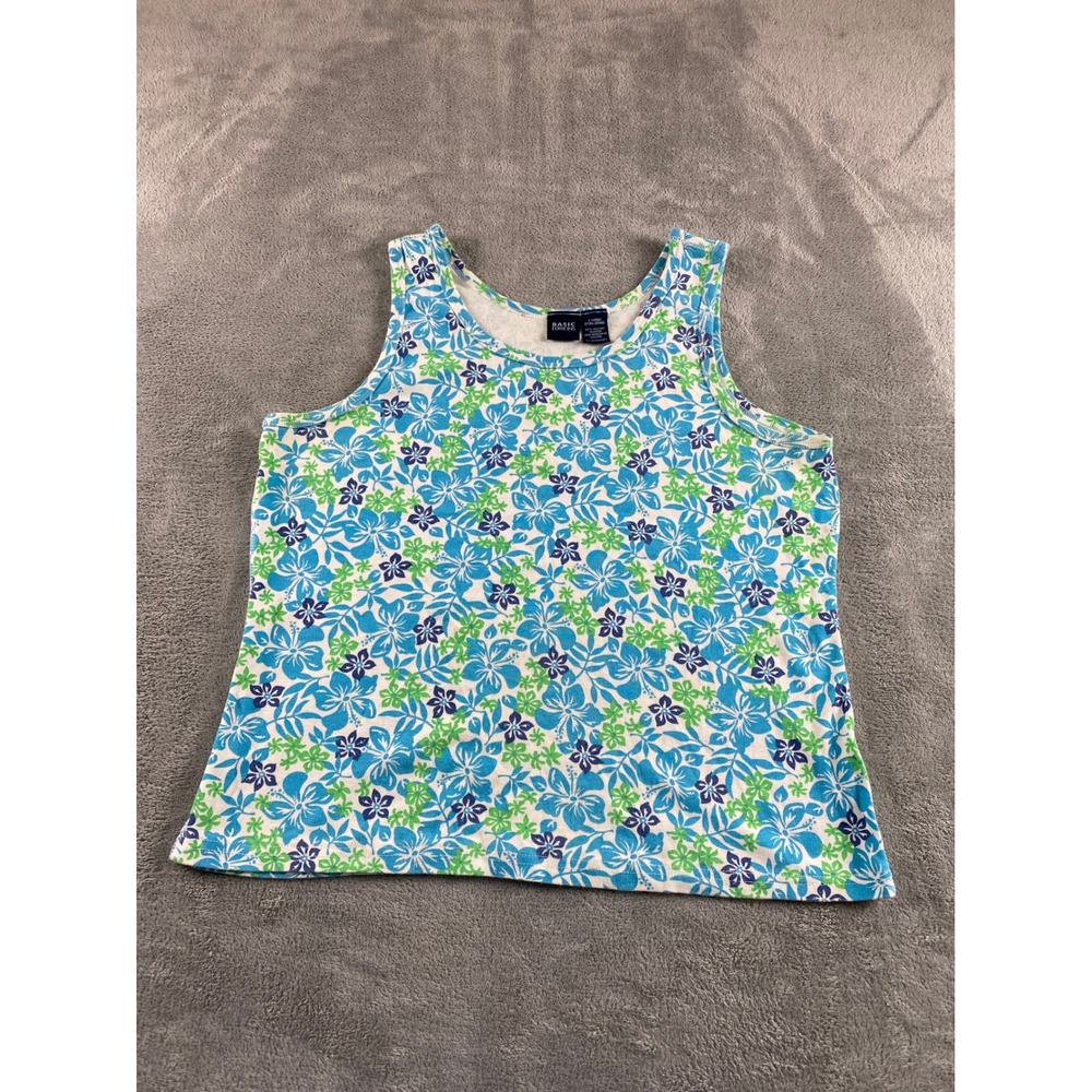 Basic Editions Womens XL Blue Green Floral Tropical Cotton Scoop Neck Tank Top